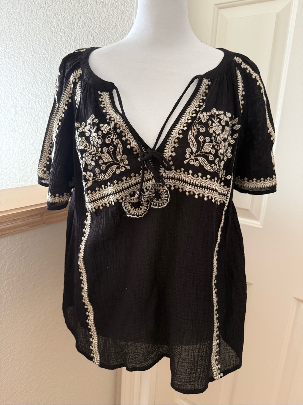 Love Stitch Black Embroidered V-Neck Women’s Top with Tie